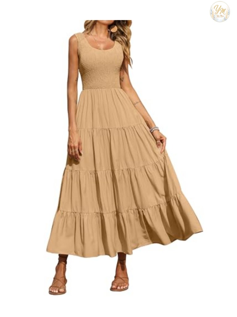 Casual Loose Maxi Sundress Smocked Tank Dress Sleeveless Summer Beach Tiered